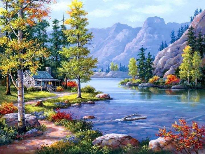 The picture shows a very beautiful landscape with a small house on the edge of a river